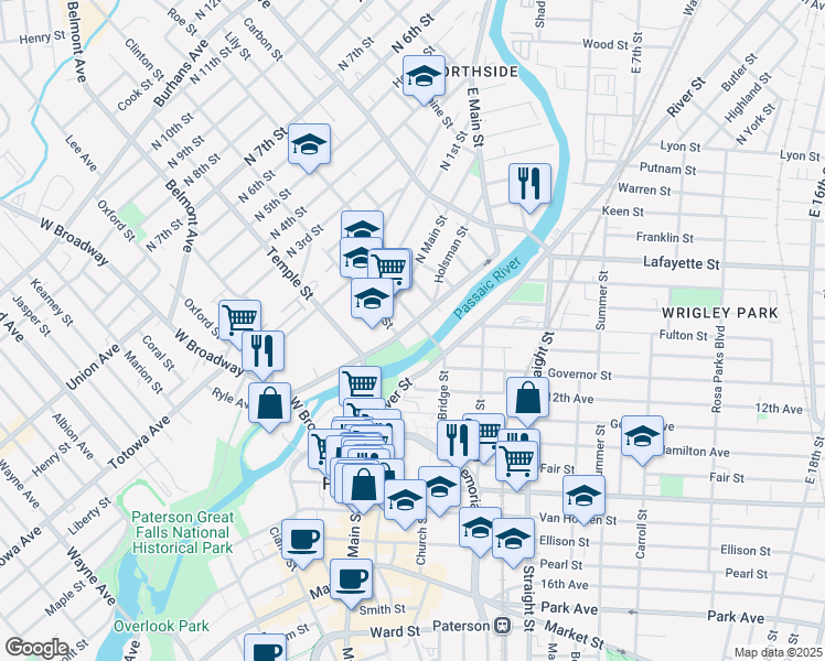 map of restaurants, bars, coffee shops, grocery stores, and more near 3 Arch Street in Paterson