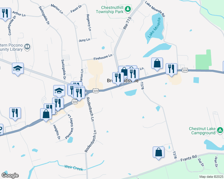 map of restaurants, bars, coffee shops, grocery stores, and more near 1758 U.S. 209 in Brodheadsville