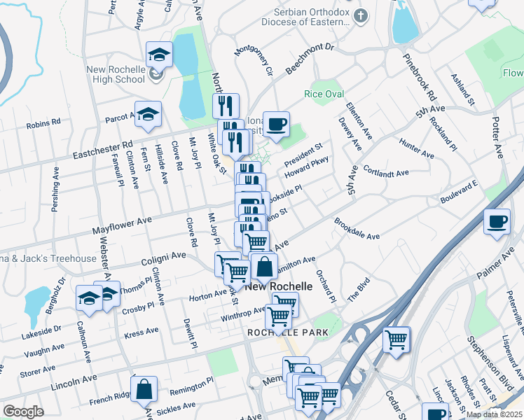 map of restaurants, bars, coffee shops, grocery stores, and more near 622 North Avenue in New Rochelle