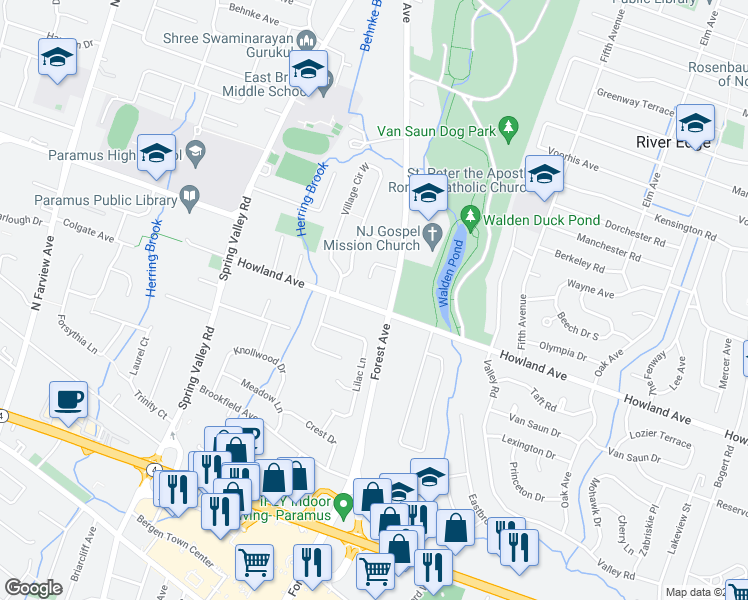 map of restaurants, bars, coffee shops, grocery stores, and more near 207 Howland Avenue in Paramus