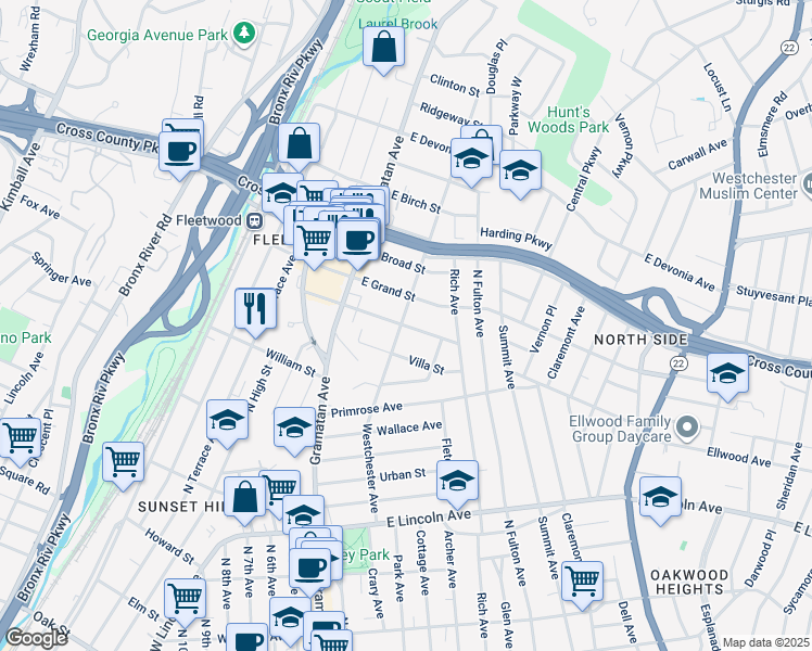 map of restaurants, bars, coffee shops, grocery stores, and more near 354 Westchester Avenue in Mount Vernon