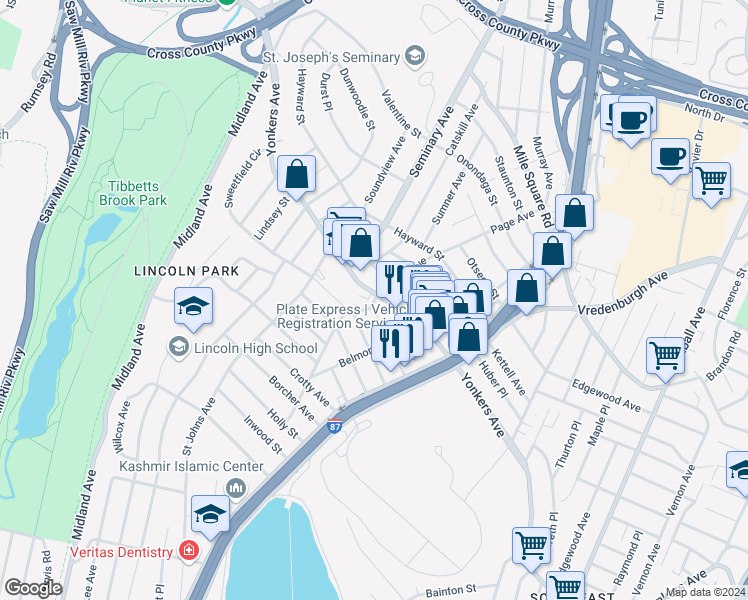 map of restaurants, bars, coffee shops, grocery stores, and more near 9 Boone Street in Yonkers