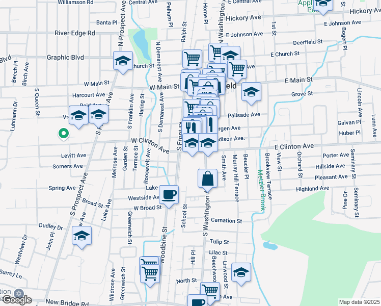 map of restaurants, bars, coffee shops, grocery stores, and more near 150 South Washington Avenue in Bergenfield