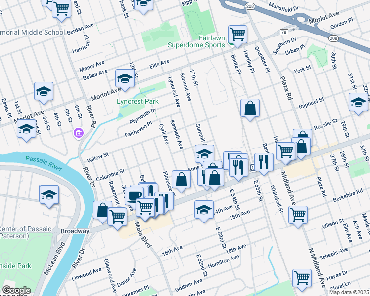 map of restaurants, bars, coffee shops, grocery stores, and more near 2-25 Kenneth Avenue in Fair Lawn