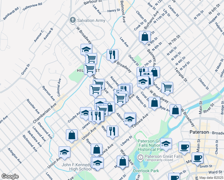 map of restaurants, bars, coffee shops, grocery stores, and more near 116 Redwood Avenue in Paterson