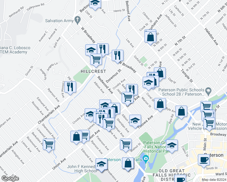 map of restaurants, bars, coffee shops, grocery stores, and more near 116 Redwood Avenue in Paterson