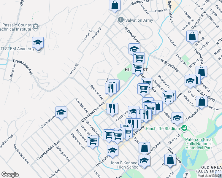 map of restaurants, bars, coffee shops, grocery stores, and more near 4 Colonial Avenue in Paterson