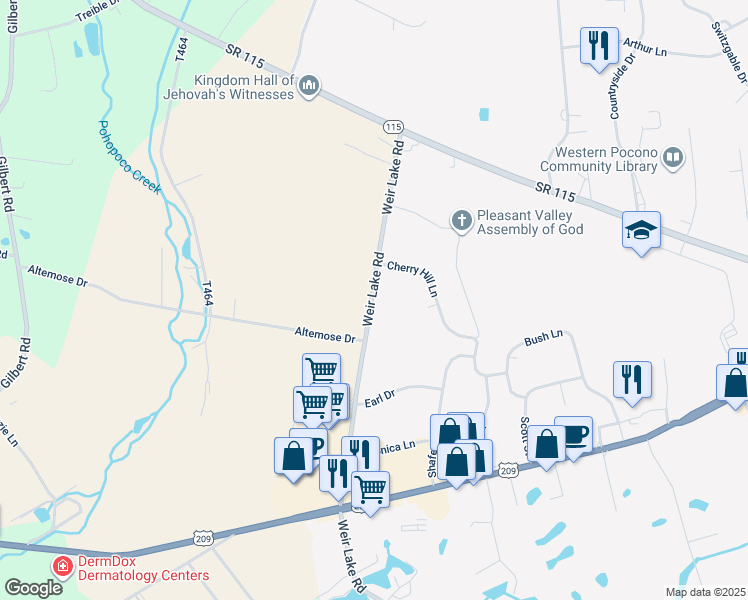 map of restaurants, bars, coffee shops, grocery stores, and more near 1040 Weir Lake Road in Brodheadsville