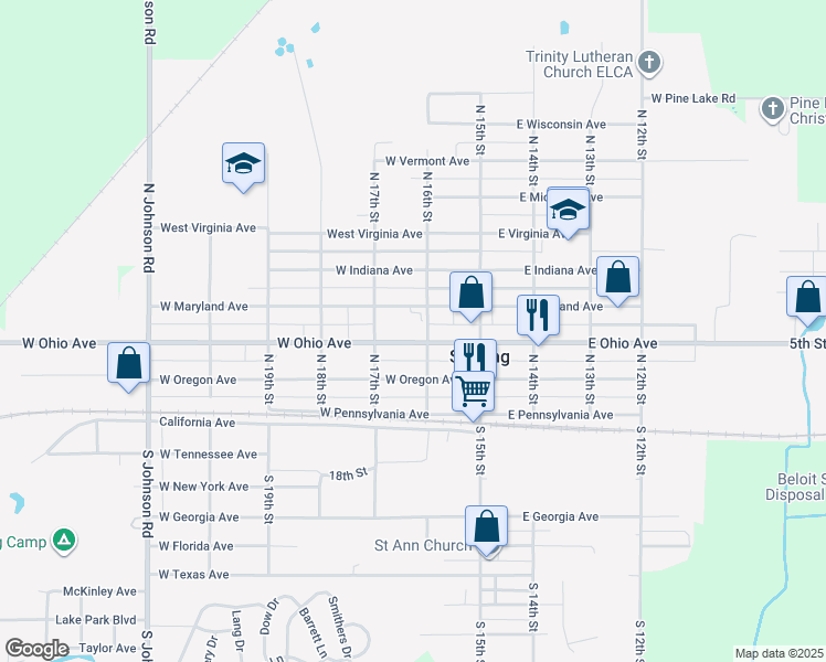 map of restaurants, bars, coffee shops, grocery stores, and more near 195 West Ohio Avenue in Sebring