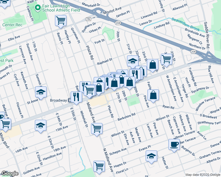 map of restaurants, bars, coffee shops, grocery stores, and more near 26-06 Broadway in Fair Lawn