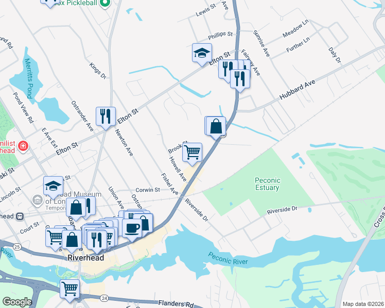 map of restaurants, bars, coffee shops, grocery stores, and more near 25 Prospect Place in Riverhead