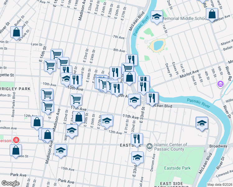 map of restaurants, bars, coffee shops, grocery stores, and more near in Paterson