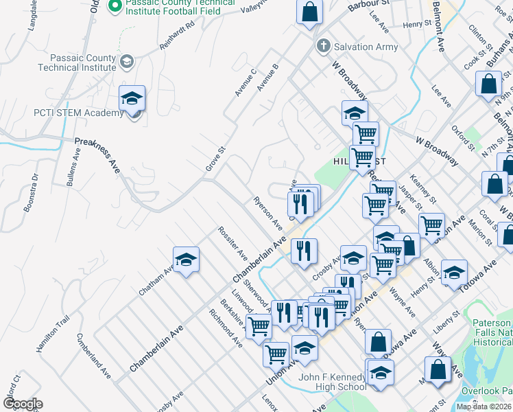 map of restaurants, bars, coffee shops, grocery stores, and more near 405 Preakness Avenue in Paterson