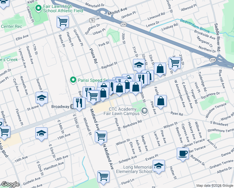 map of restaurants, bars, coffee shops, grocery stores, and more near 26-06 Broadway in Fair Lawn