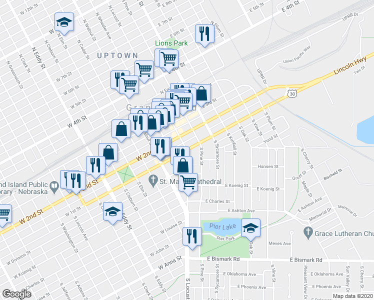 map of restaurants, bars, coffee shops, grocery stores, and more near S Locust St & W 1st St in Grand Island