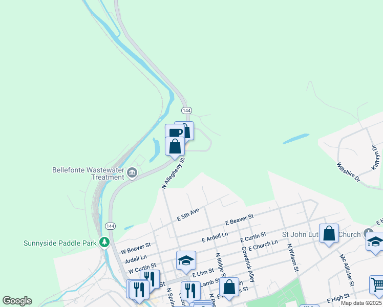map of restaurants, bars, coffee shops, grocery stores, and more near Armor Run Road in Bellefonte