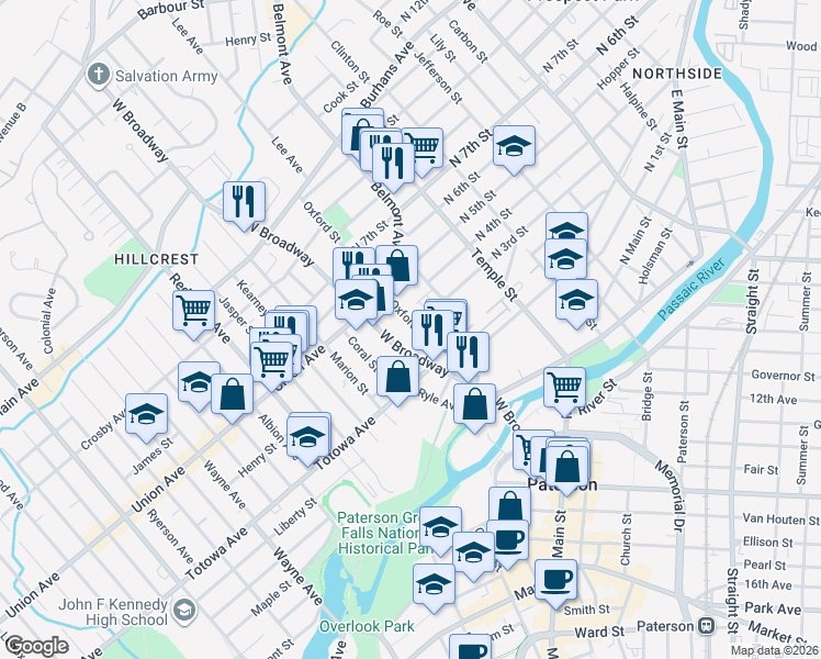 map of restaurants, bars, coffee shops, grocery stores, and more near in Paterson