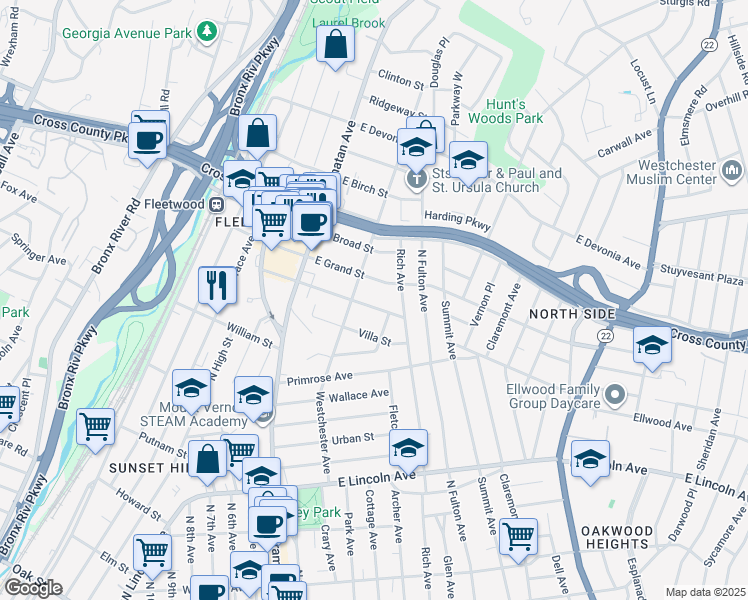 map of restaurants, bars, coffee shops, grocery stores, and more near 366 Livingston Street in Mount Vernon