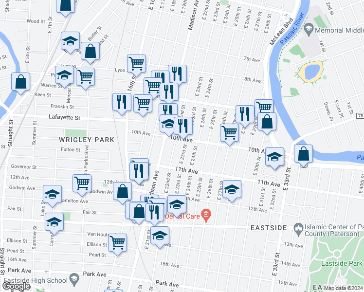 map of restaurants, bars, coffee shops, grocery stores, and more near 490 East 23rd Street in Paterson
