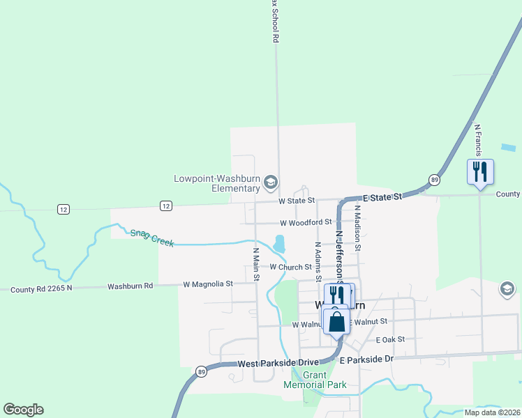 map of restaurants, bars, coffee shops, grocery stores, and more near 601 North Main Street in Washburn