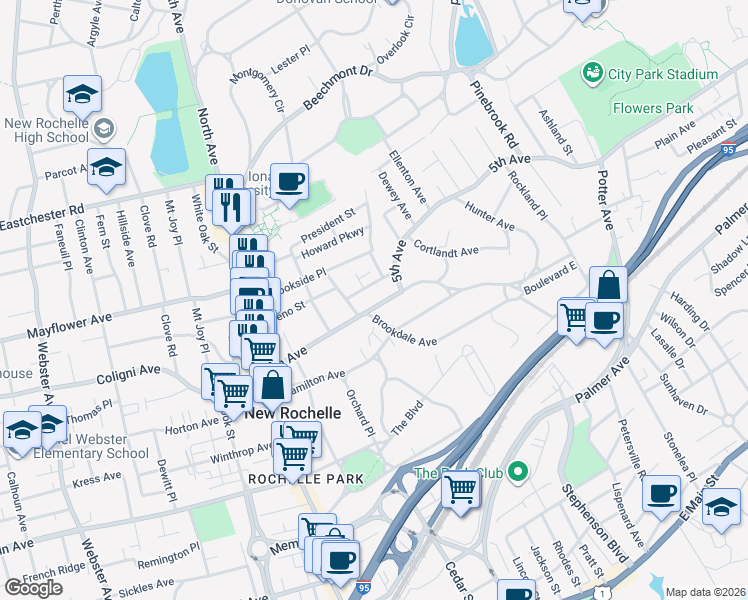 map of restaurants, bars, coffee shops, grocery stores, and more near 123 Brookdale Avenue in New Rochelle
