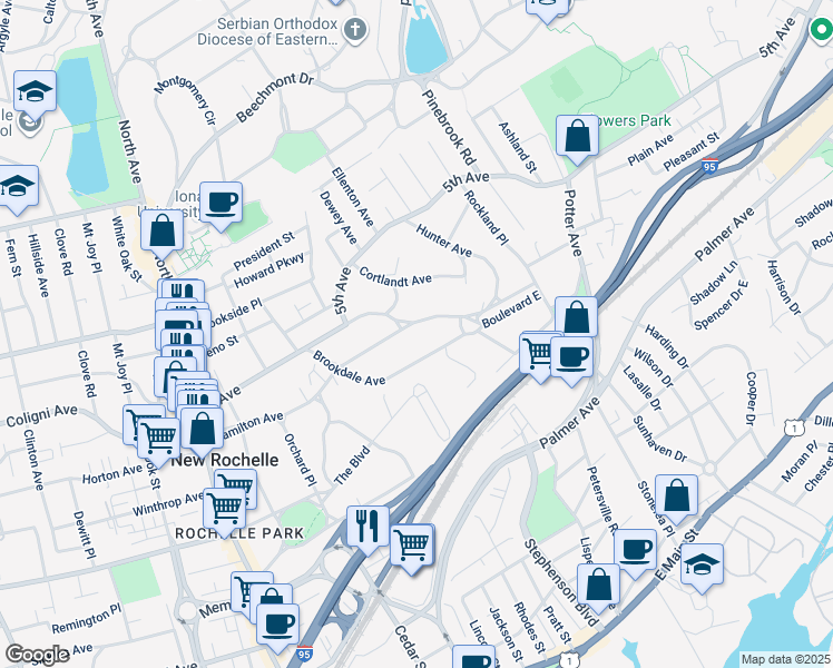 map of restaurants, bars, coffee shops, grocery stores, and more near 33 Brookdale Avenue in New Rochelle