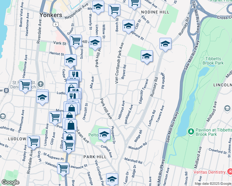 map of restaurants, bars, coffee shops, grocery stores, and more near 243 Van Cortlandt Park Ave in Yonkers