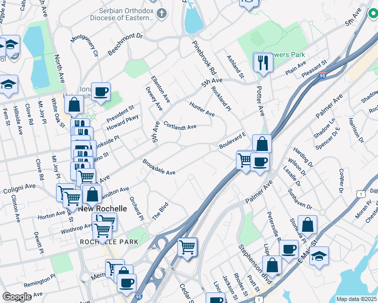 map of restaurants, bars, coffee shops, grocery stores, and more near 33 Brookdale Avenue in New Rochelle