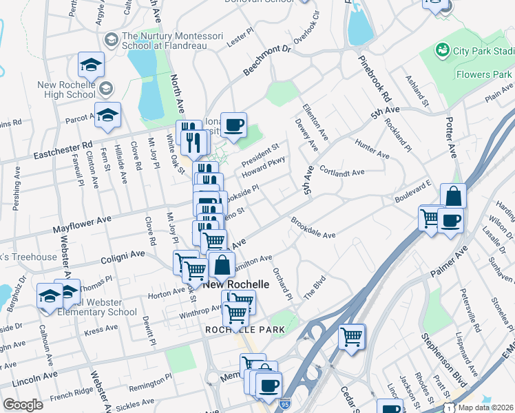 map of restaurants, bars, coffee shops, grocery stores, and more near 1 Koch Street in New Rochelle