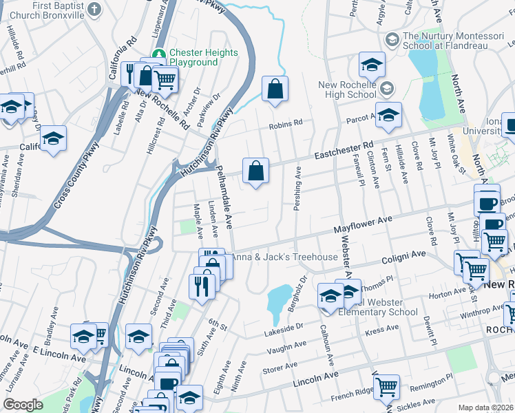 map of restaurants, bars, coffee shops, grocery stores, and more near 26 John Alden Road in New Rochelle