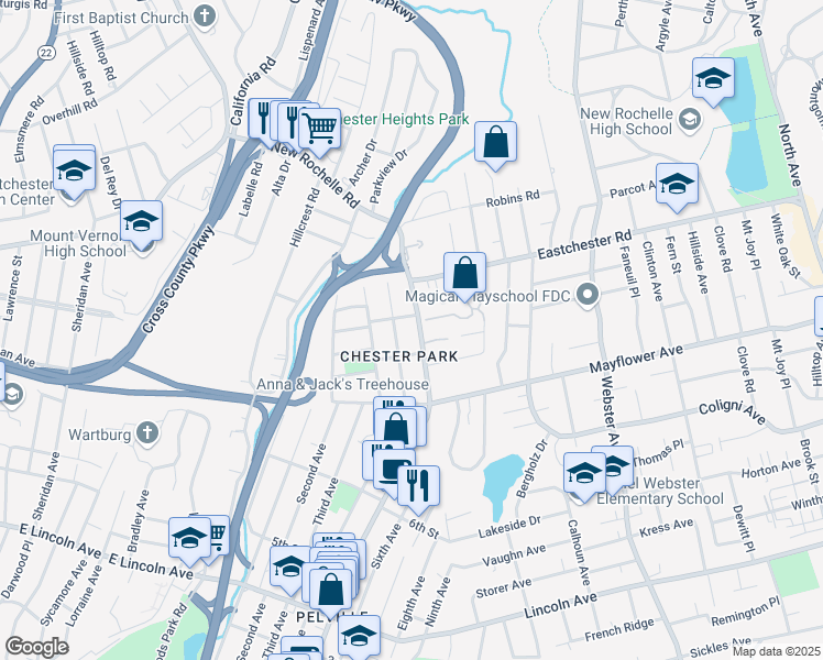 map of restaurants, bars, coffee shops, grocery stores, and more near 70 Central Avenue in Village of Pelham
