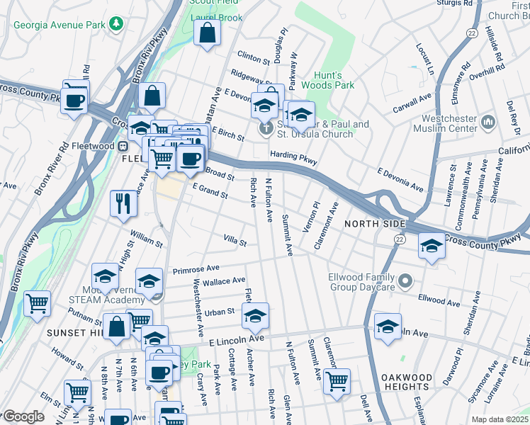 map of restaurants, bars, coffee shops, grocery stores, and more near 335 Rich Avenue in Mount Vernon
