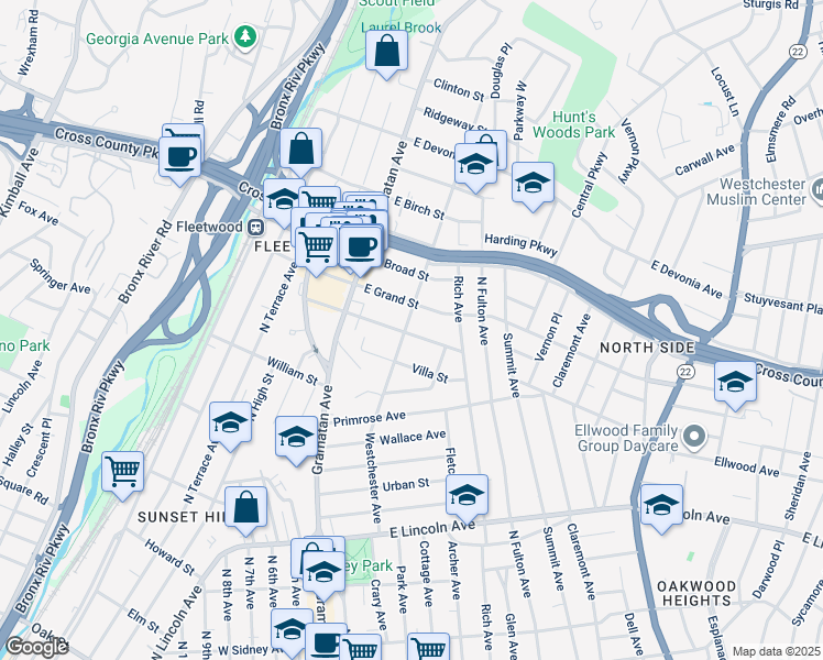 map of restaurants, bars, coffee shops, grocery stores, and more near 354 Westchester Avenue in Mount Vernon