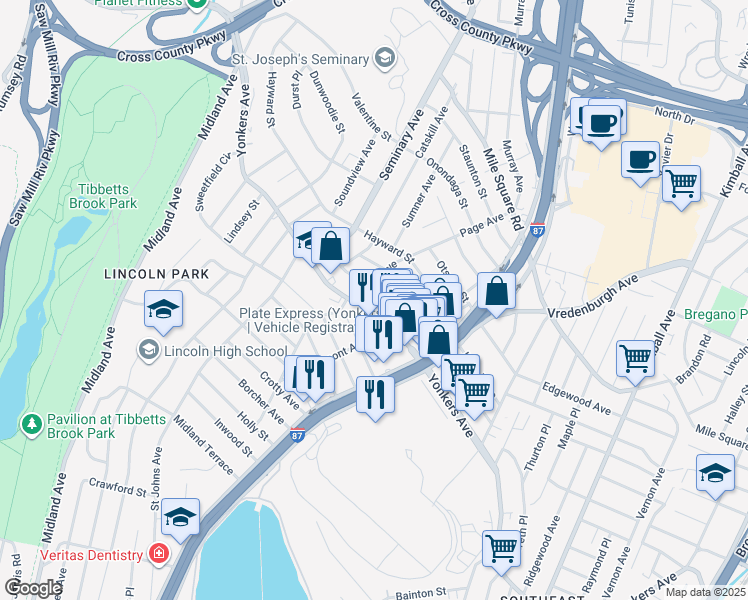 map of restaurants, bars, coffee shops, grocery stores, and more near 761A Yonkers Avenue in Yonkers