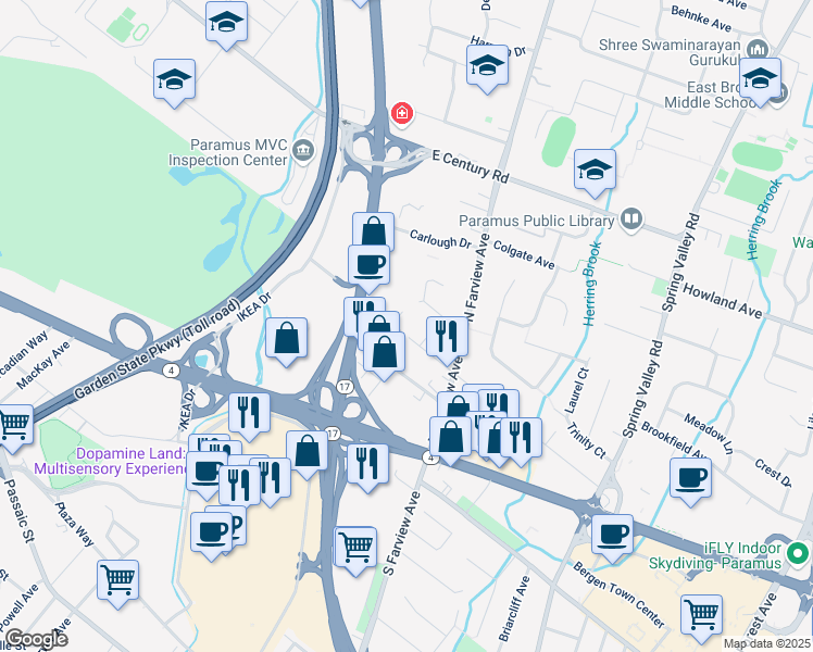 map of restaurants, bars, coffee shops, grocery stores, and more near 15-17 North Farview Avenue in Paramus