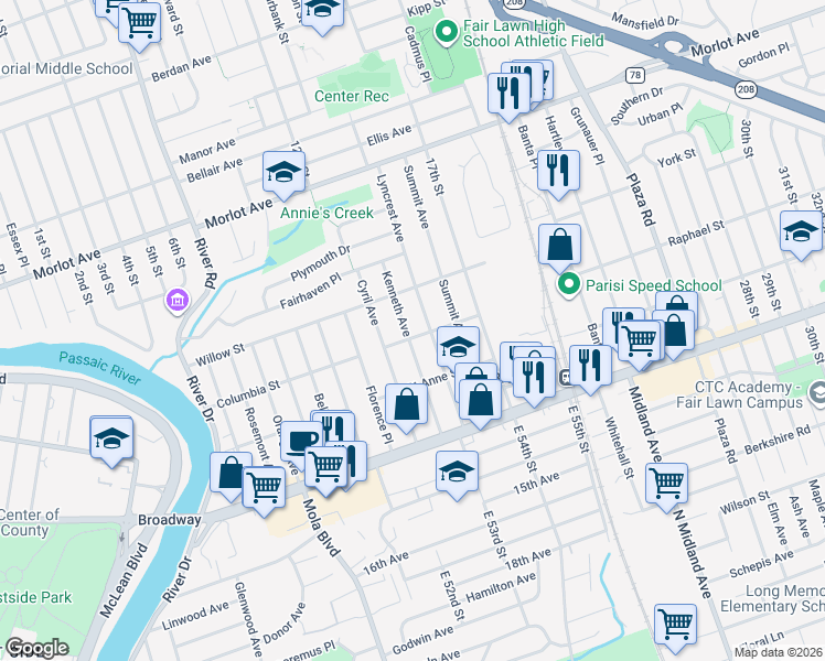 map of restaurants, bars, coffee shops, grocery stores, and more near 2-25 Kenneth Avenue in Fair Lawn