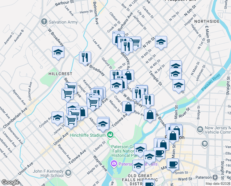 map of restaurants, bars, coffee shops, grocery stores, and more near 113 Coral Street in Paterson