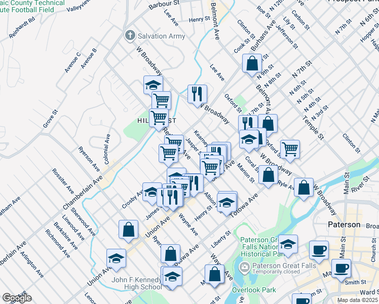 map of restaurants, bars, coffee shops, grocery stores, and more near 116 Redwood Avenue in Paterson