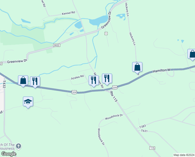 map of restaurants, bars, coffee shops, grocery stores, and more near 123 Mcilhaney Road in Stroudsburg