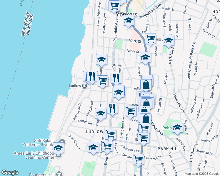 map of restaurants, bars, coffee shops, grocery stores, and more near 18 Pier Street in Yonkers