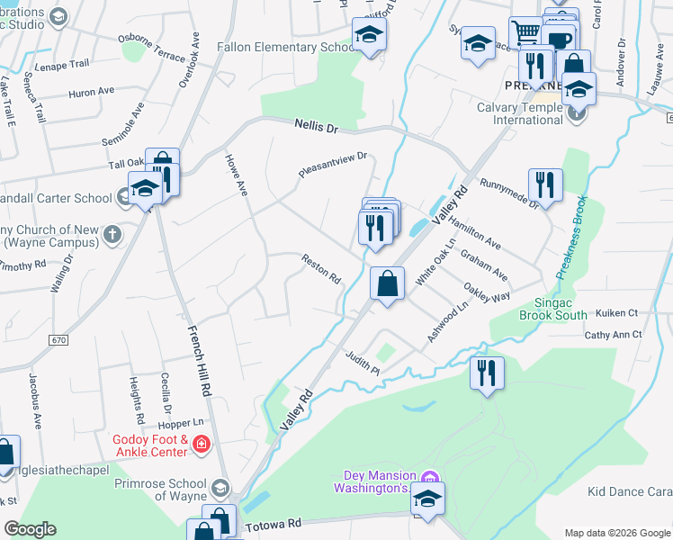 map of restaurants, bars, coffee shops, grocery stores, and more near 38 Reston Road in Wayne