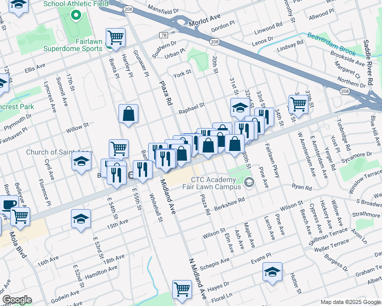 map of restaurants, bars, coffee shops, grocery stores, and more near 1-17 Plaza Road in Fair Lawn