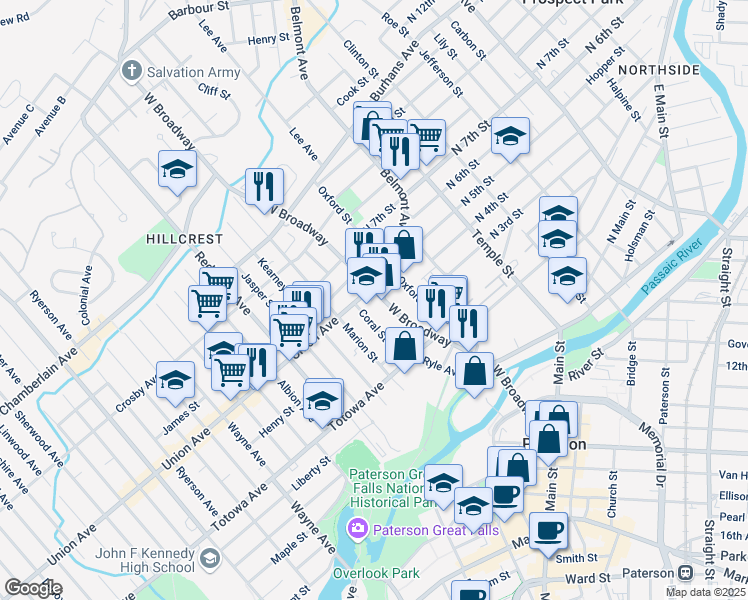 map of restaurants, bars, coffee shops, grocery stores, and more near 113 Coral Street in Paterson