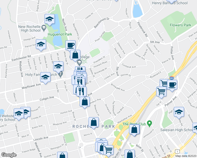 map of restaurants, bars, coffee shops, grocery stores, and more near 69 Treno Street in New Rochelle