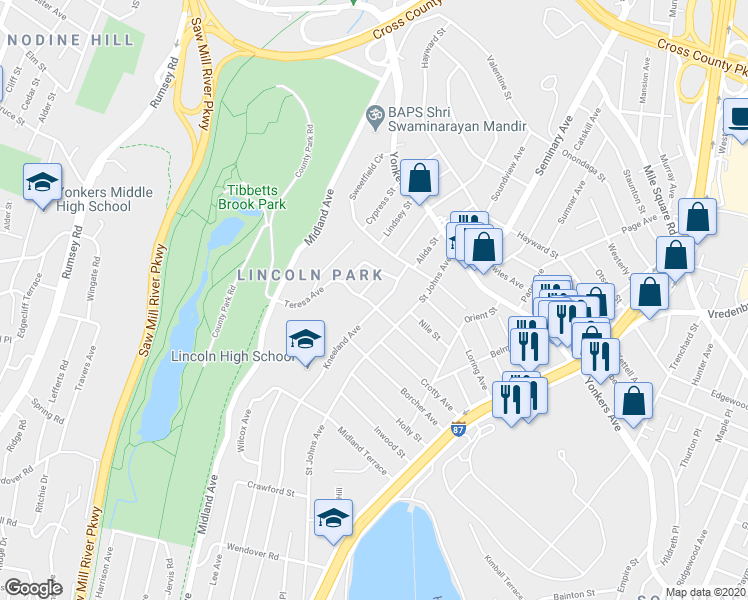 map of restaurants, bars, coffee shops, grocery stores, and more near 421 Kneeland Avenue in Yonkers