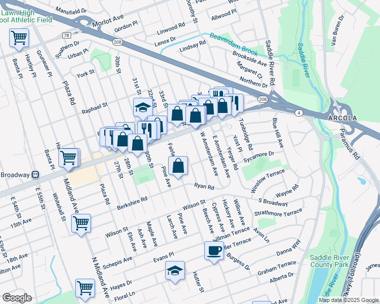 map of restaurants, bars, coffee shops, grocery stores, and more near in Fair Lawn