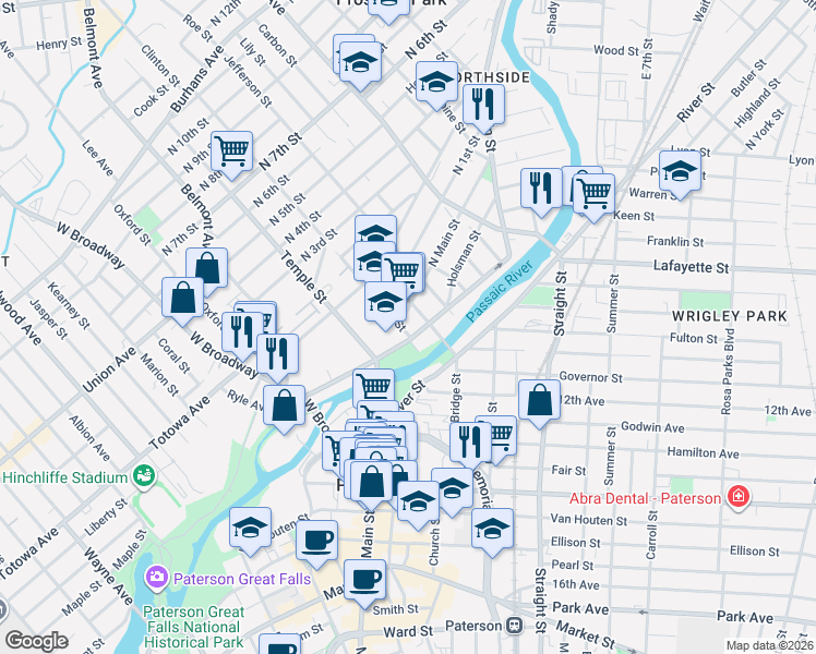 map of restaurants, bars, coffee shops, grocery stores, and more near 41 Arch Street in Paterson