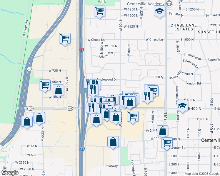 map of restaurants, bars, coffee shops, grocery stores, and more near 507 West 620 North in Centerville