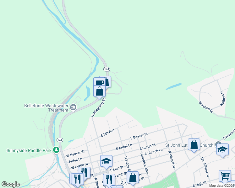 map of restaurants, bars, coffee shops, grocery stores, and more near Armor Run Road in Bellefonte