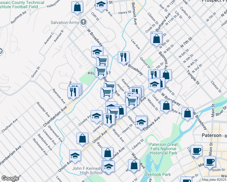 map of restaurants, bars, coffee shops, grocery stores, and more near 153 Redwood Avenue in Paterson
